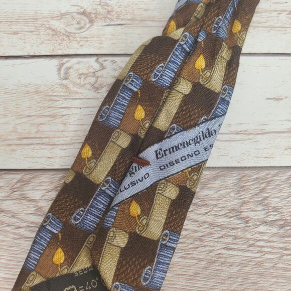 Ermengildo Zegna silk tie brown scrolls - Picture 6 of 6